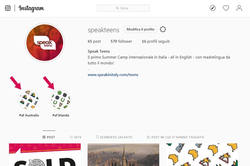 Il profilo Instagram di Speak Teens