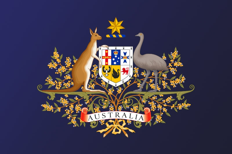 Lo stemma dell'Australia include uno scudo con simboli araldici ed affiancato da un canguro ed un emù su sfondo di motivi floreali