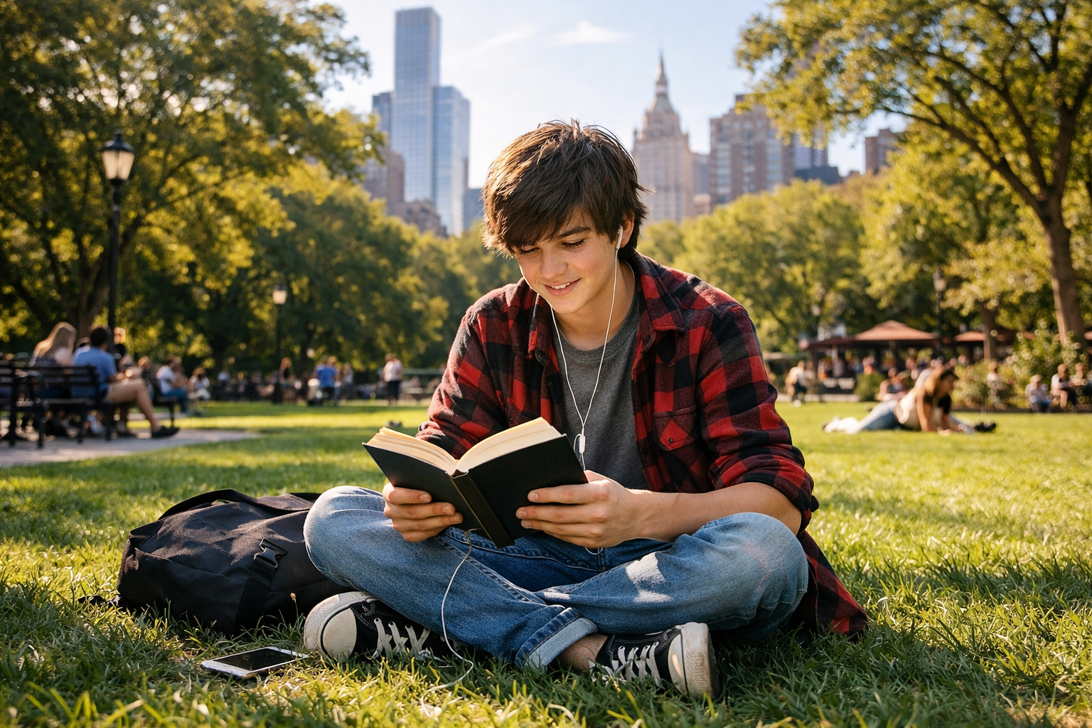 Teenager Reading in City Park-1