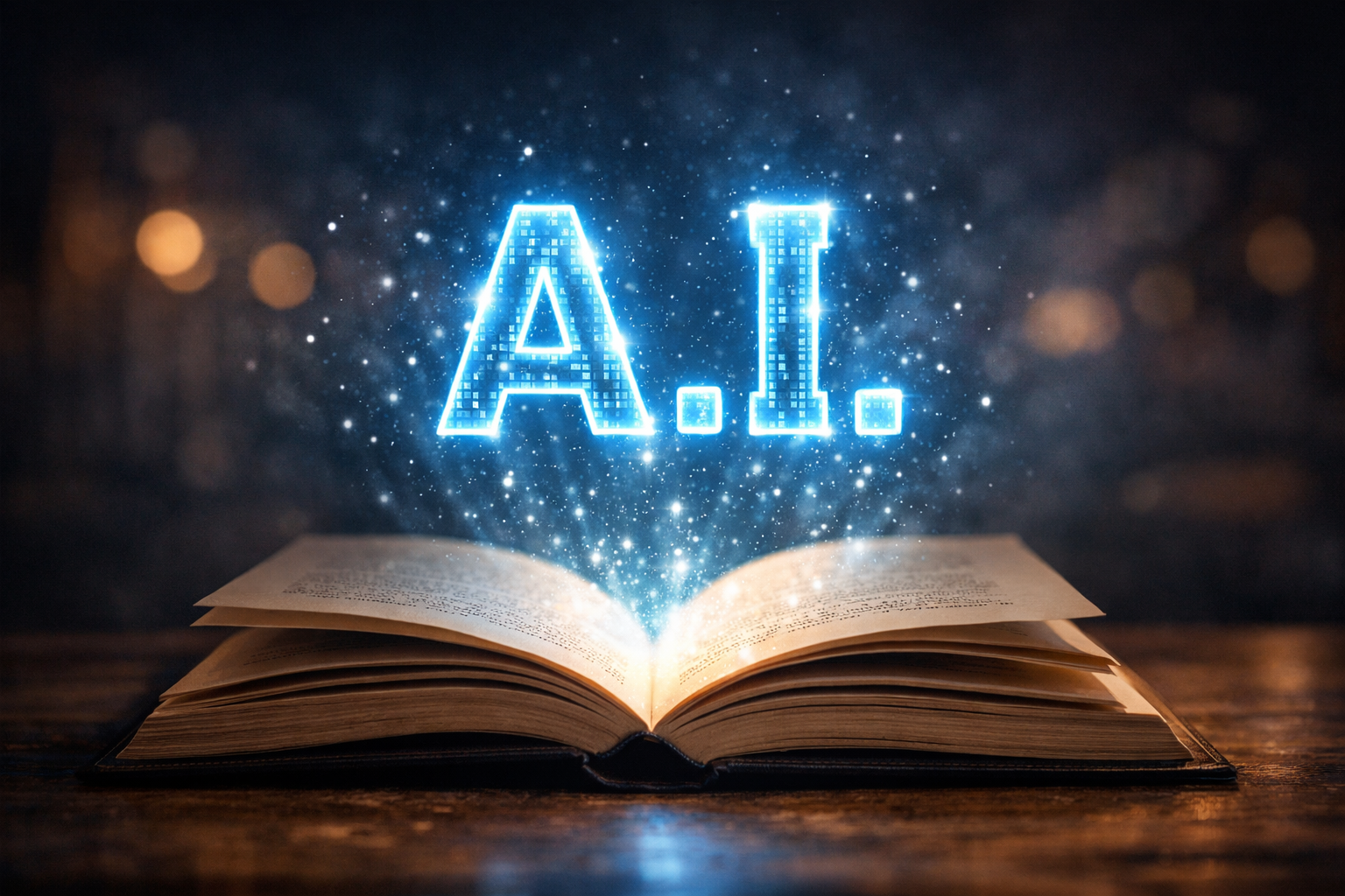 photographic open book with a glowing AI letters floating upon it-1