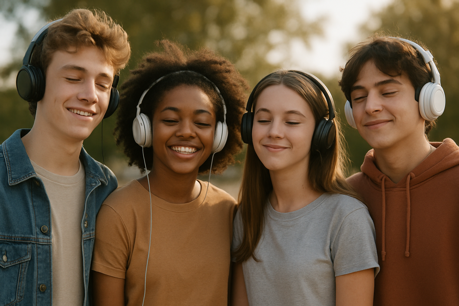 photographic teenagers listening to music headphones