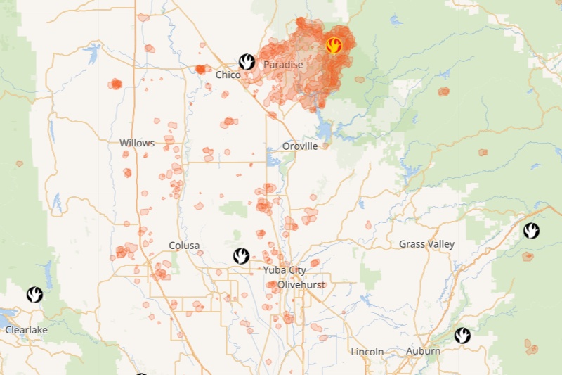 uno screenshot della mappa interattiva degli incendi boschivi